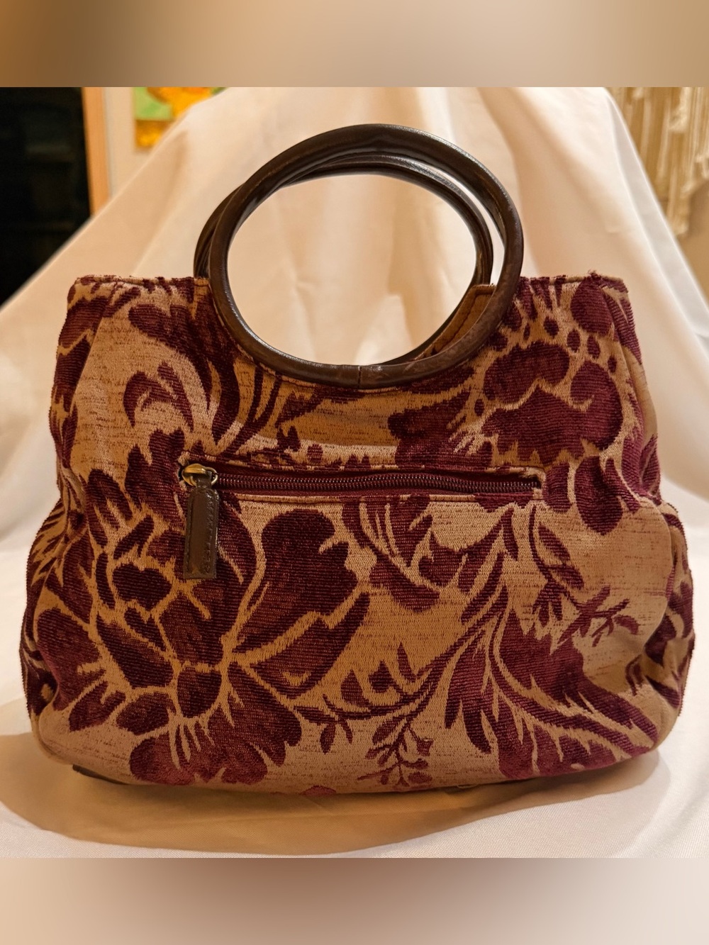 Vintage Cherokee Floral Tapestry Handbag Wooden Handles Burgundy Tan Purse